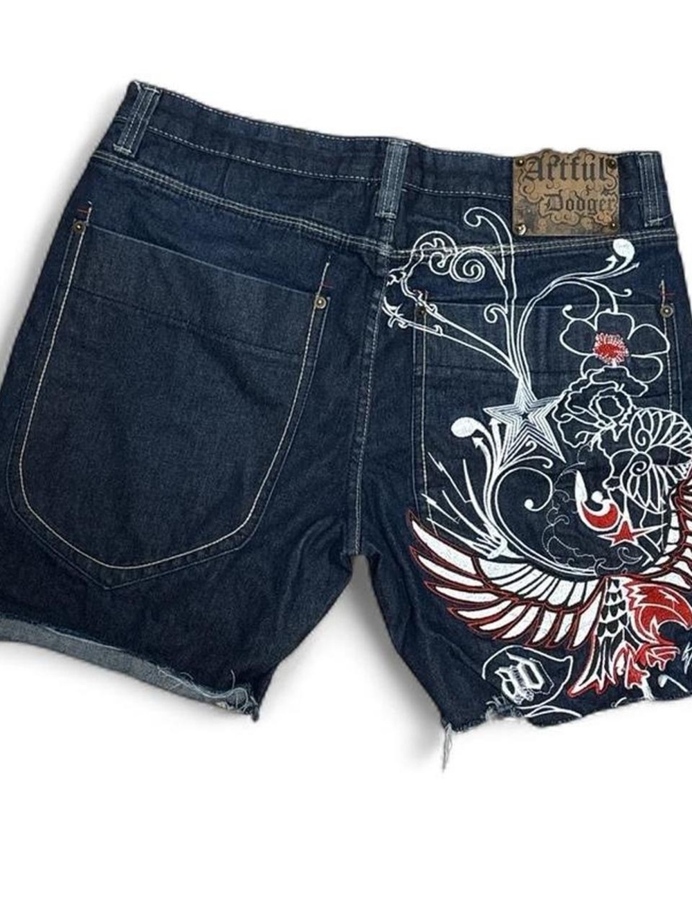 Men's Dark Denim Shorts with Embroidered Graphic